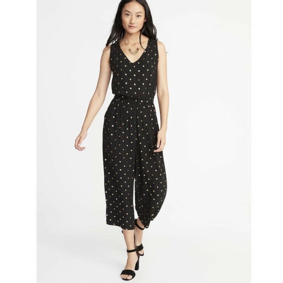 Old Navy Jumpsuit Black Gold Polka Dot 